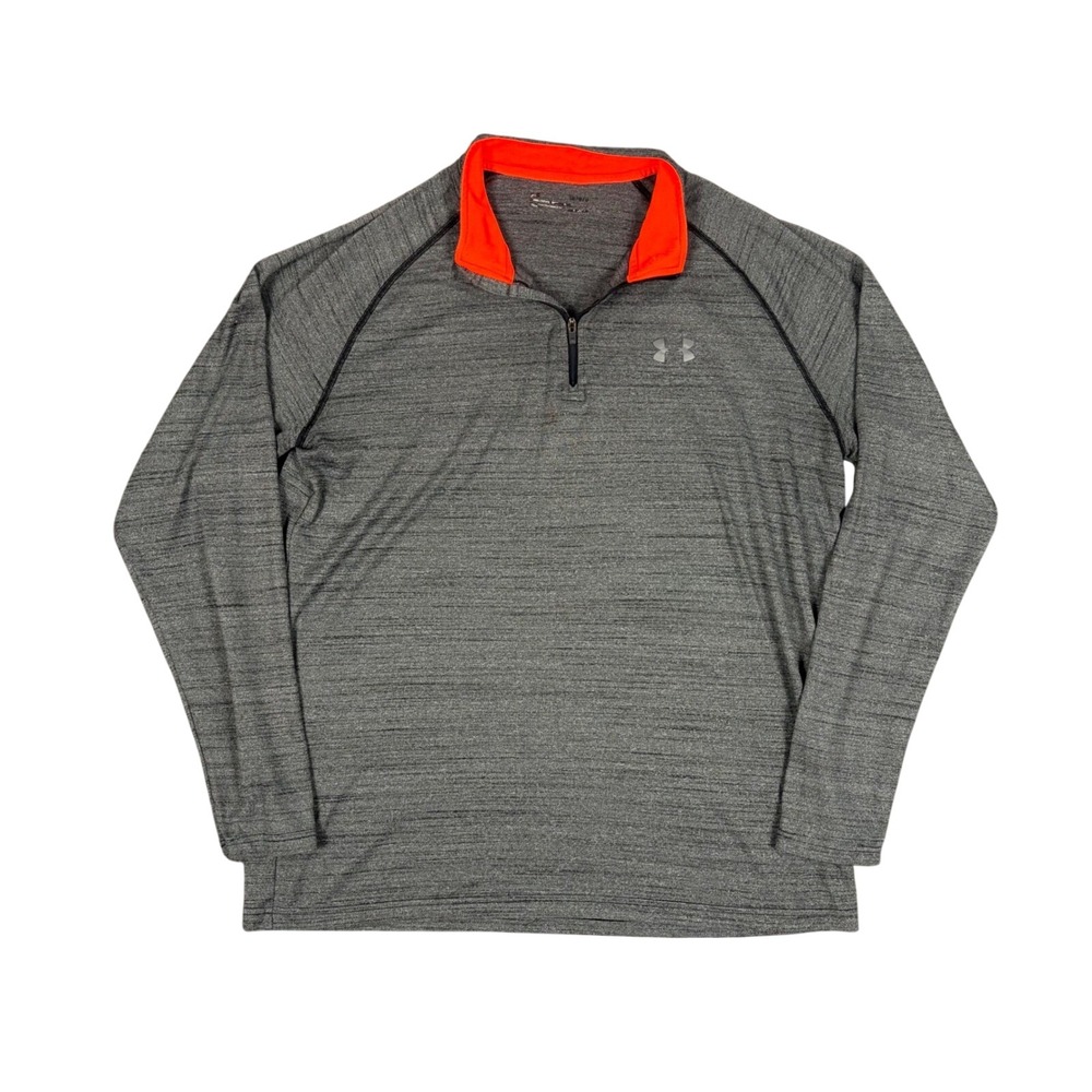 Under Armour Pullover Mens Large Gray Orange Quarter Zip Athletic Running Fleece